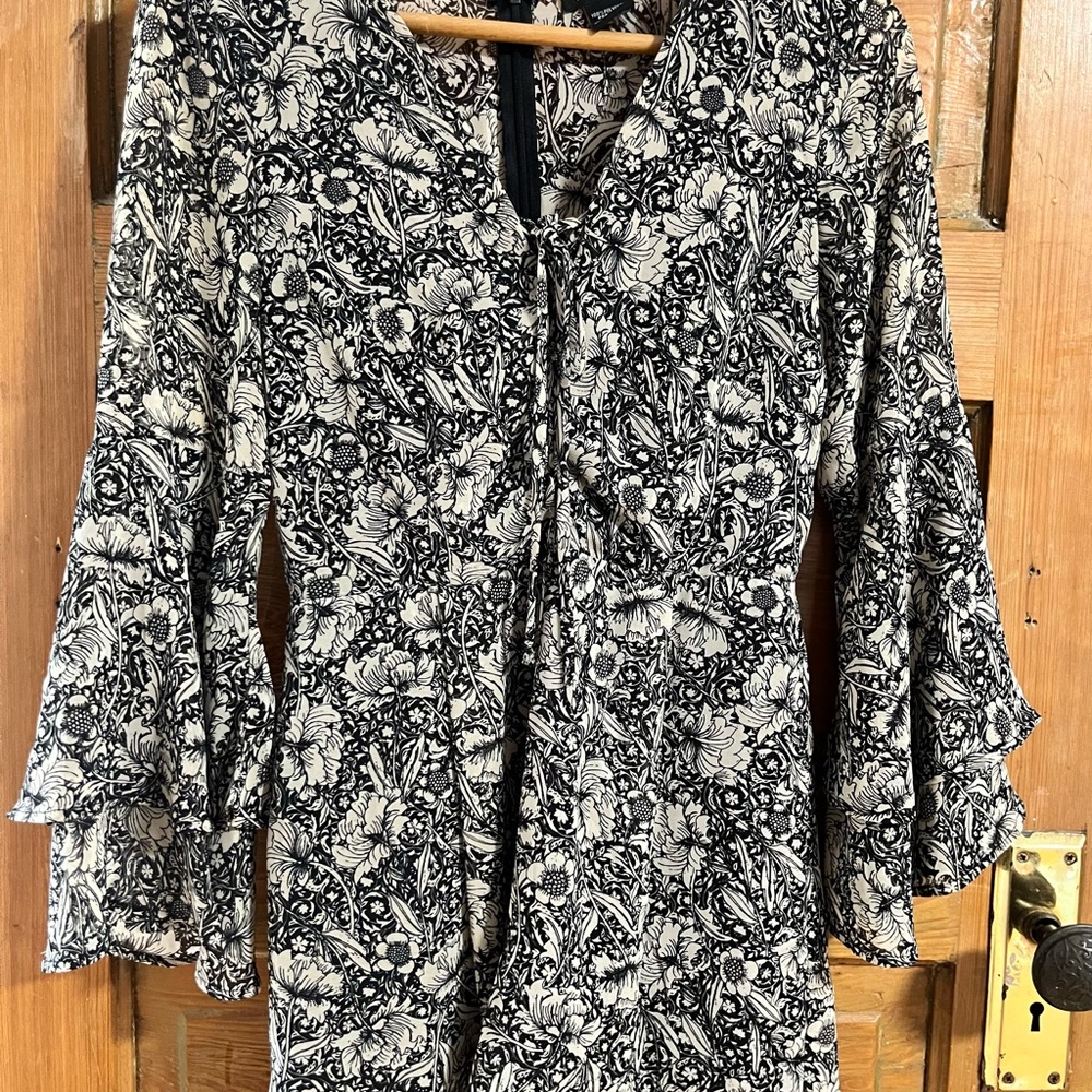 Black and White Floral Dress with Bell Sleeves